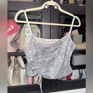 WAYF Silver Sequin Cinched Crop tank